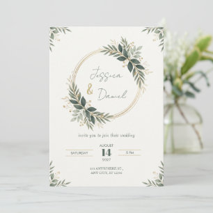 Sage Botanical Gold Wreath Wedding Invitation