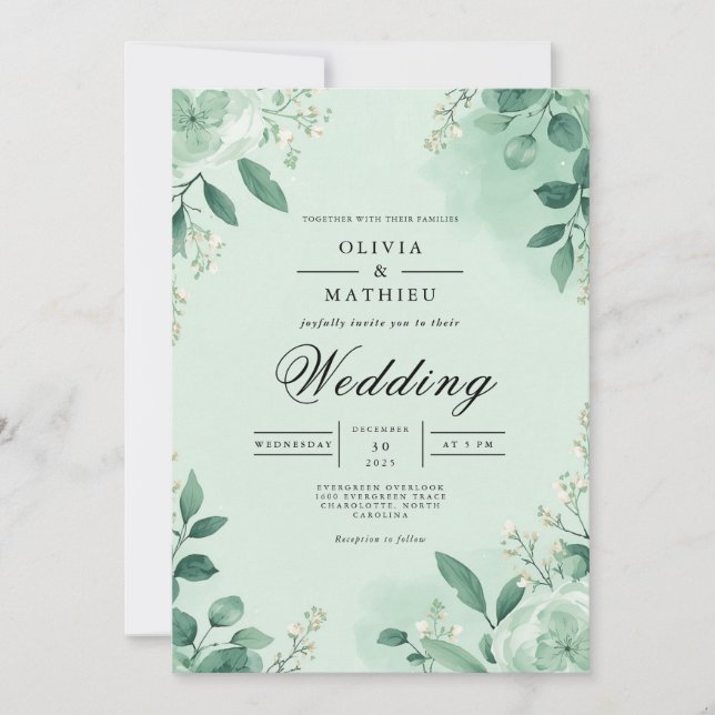 Sage Botanical Watercolor Wedding Invitation (Front)