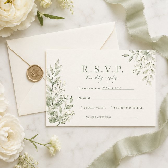 Sage Botanical Wedding RSVP Personalized Reply Art Card (Creator Uploaded)