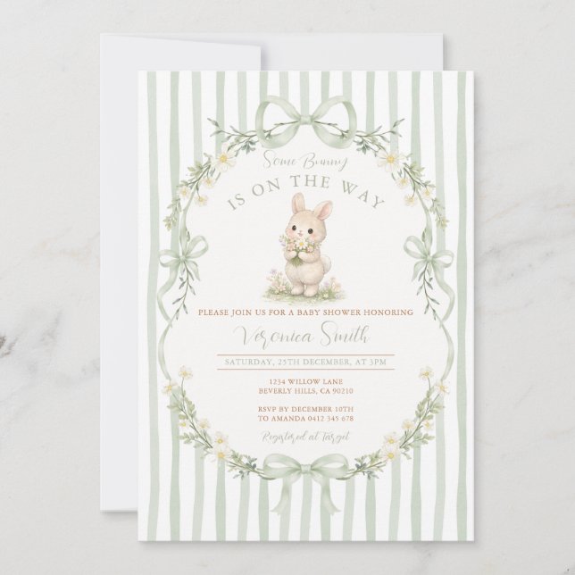 Sage Bow Stripe Green Bunny Baby Shower Invitation (Front)