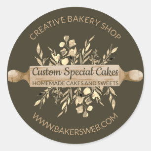 Sage Brown Bakery Flowers Cooking Rolling Pin Classic Round Sticker