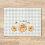 Sage Buffalo Check Pumpkin Autumn Fall Family Name Kitchen Towel<br><div class="desc">Custom-designed modern rustic kitchen towels for the autumn fall season featuring watercolor orange pumpkins with personalized family name on sage buffalo check pattern.</div>