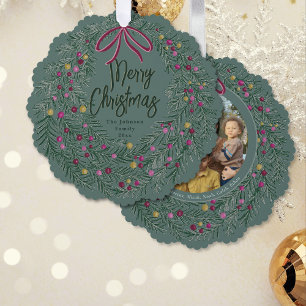 Sage Burgundy Merry Christmas Ornament with Photo Card