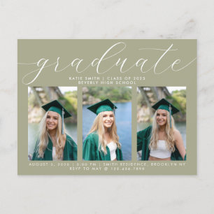 Sage Calligraphy Minimal Graduation 3 Photo Invitation Postcard