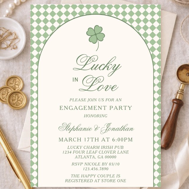 Sage Checkered Lucky in Love Engagement Party Invitation (Creator Uploaded)
