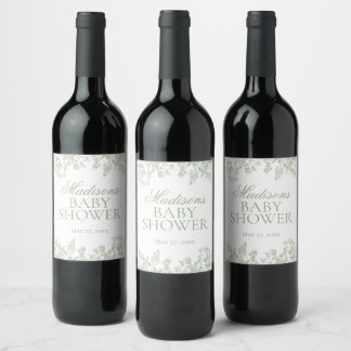 Sage Chinoiserie Vintage Floral Baby Shower Favour Wine Label