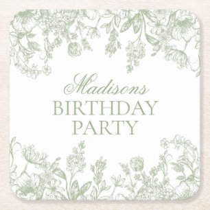 Sage Chinoiserie Vintage Floral Birthday Favours Square Paper Coaster