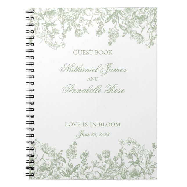 Sage Chinoiserie Vintage Floral Wedding Guest Book (Front)
