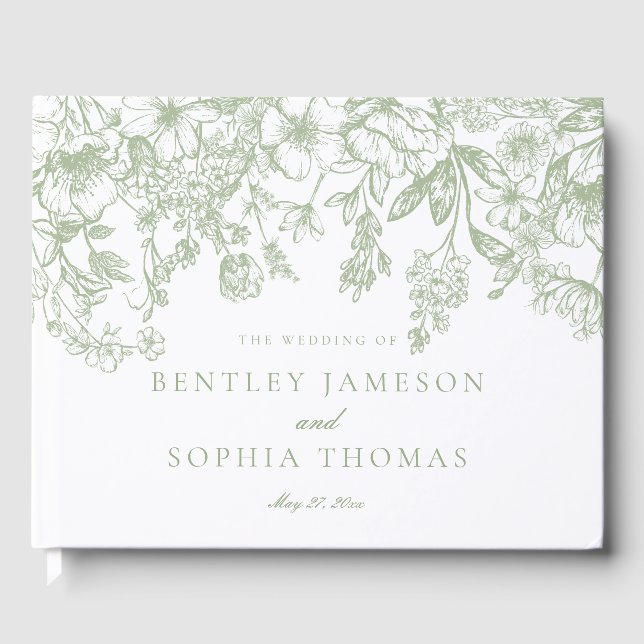 Sage Chinoiserie Vintage Floral Wedding Guestbook (Front)