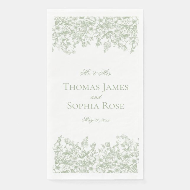 Sage Chinoiserie Vintage Floral Wedding Napkin (Front)