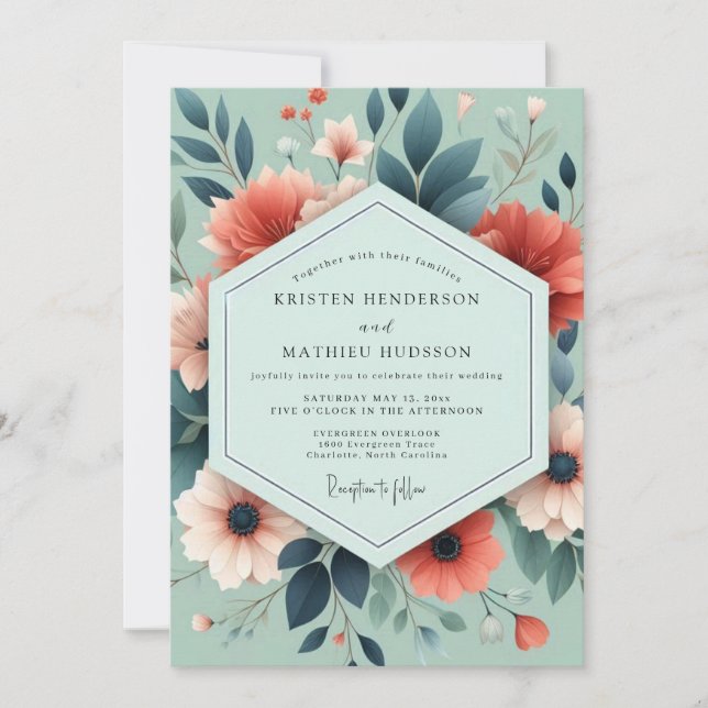 Sage Coral Artful Bloom Wedding Invitation (Front)