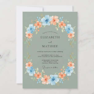 Sage Coral Blue Blossom Wreath Wedding Invitation