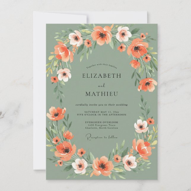 Sage Coral Botanical Arch Wedding Invitation (Front)