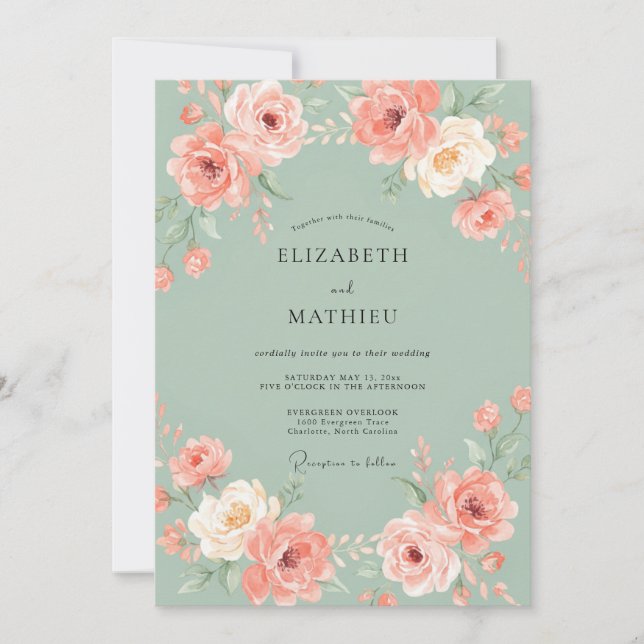 Sage Coral Peony Wedding Invitation (Front)