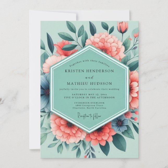 Sage Coral Vivid Bloom Wedding Invitation (Front)