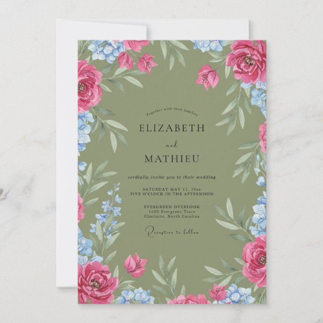 Sage Cornflower Leafy Wedding Invitation (Front)