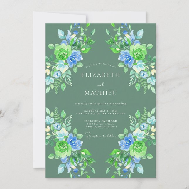 Sage Cornflower Painted Wedding Invitation (Front)
