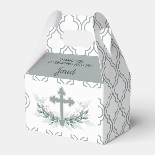 Sage Cross on Quatrefoil Party Favour Box (Front Side)