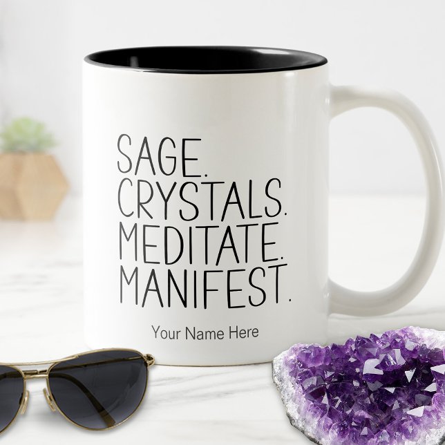 Sage Crystals Meditate Manifest Quote Metaphysical Two-Tone Coffee Mug (Creator Uploaded)