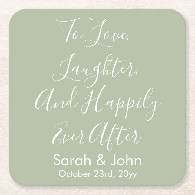 Sage Custom Personalized Script Wedding Reception  Square Paper Coaster (Front)