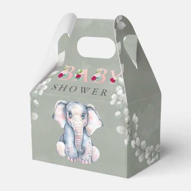 Sage Cute Elephant Eucalyptus Pink Baby Shower  Favor Box (Front Side)