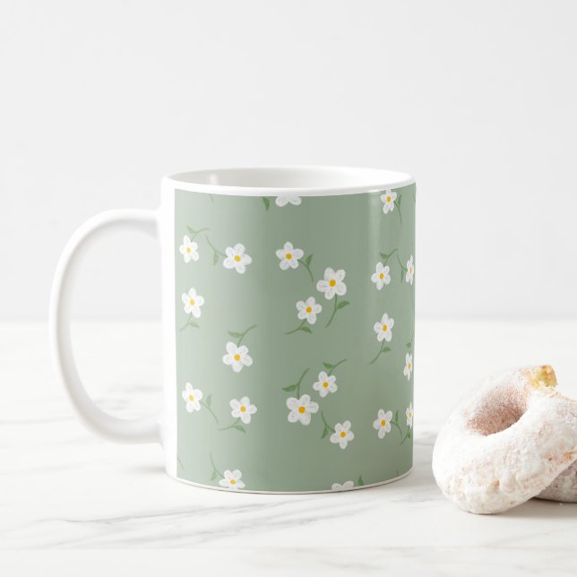 Sage Daisy Floral Mug | Hand-Drawn Botanical  (With Donut)