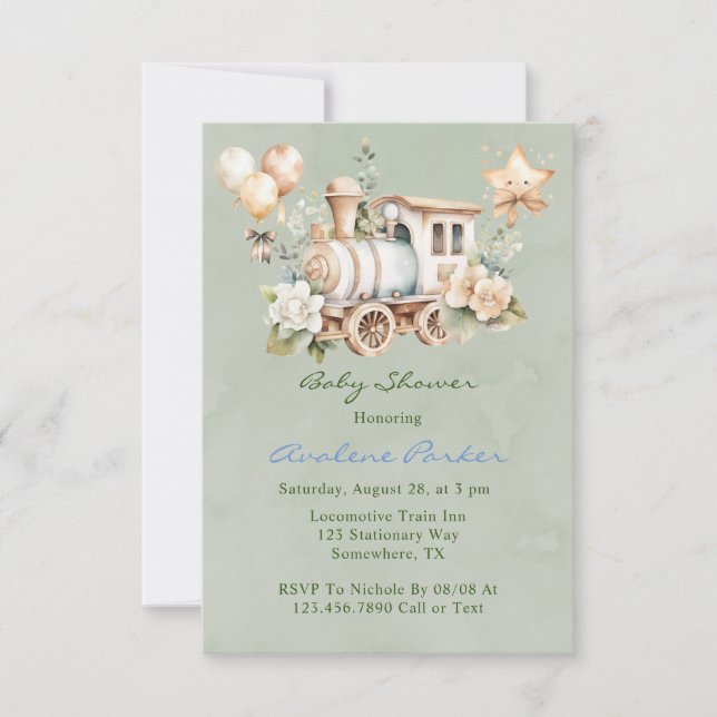 Sage Dusty Blue Train Boy Invitations Baby showers (Devant)