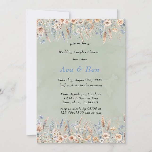 Sage Dusty Blue wildflowers Wedding Couples Shower Invitation (Front)