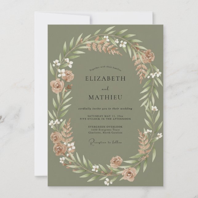 Sage Dusty Peach Leafy Wedding Invitation (Front)