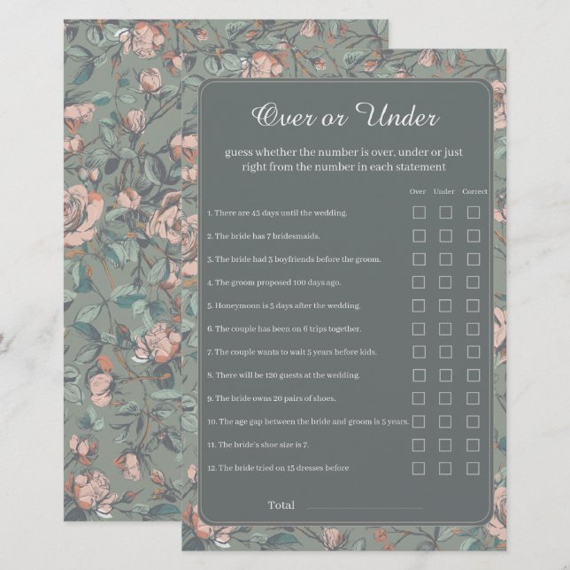 Sage Dusty Rose Bridal Shower Over Under Game (Front/Back)
