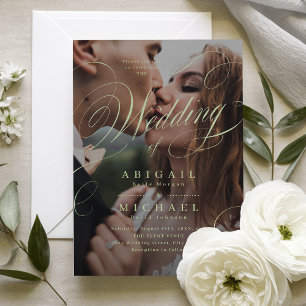 Sage elegant classic calligraphy photo wedding  invitation