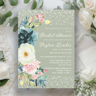 Sage Emerald Green Pink Cream Floral Bridal Shower Invitation