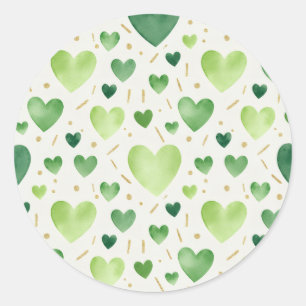 Sage & Emerald Watercolor Hearts with Gold Accents Classic Round Sticker