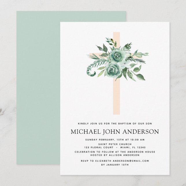 Sage Eucalyptus Baptism Greenery Cross Invitation (Front/Back)