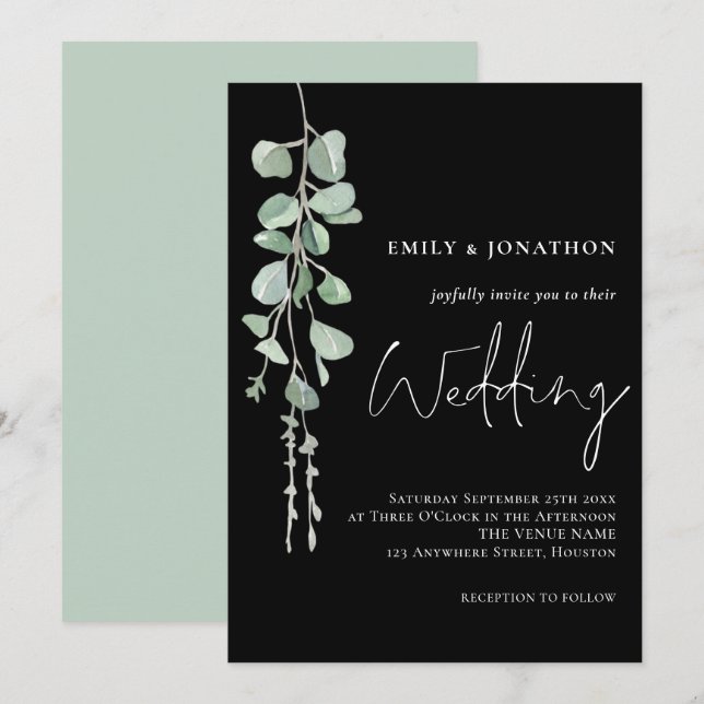 Sage Eucalyptus Elegant Script Black Wedding Invitation (Front/Back)