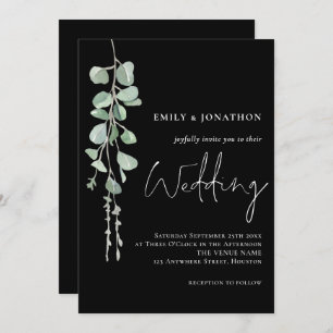 Sage Eucalyptus Modern Script Black Wedding Invitation