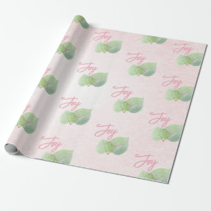 Sage Eucalyptus pink background Joy Script   Wrapping Paper