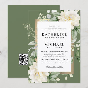 Sage Eucalyptus Rose Ivory & Gold Frame Wedding Invitation