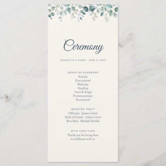 Sage Eucalyptus Wedding Ceremony Program (Front)