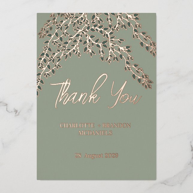 Sage Evergreen Leaves Wedding Thank You Rose Gold  (Front)