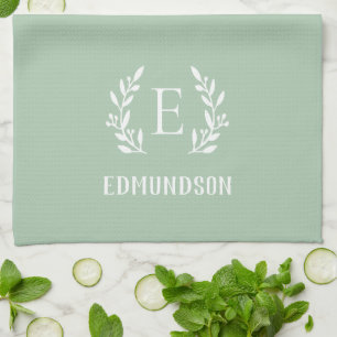 Sage Farmhouse Branch Monogram   Editable Colours Kitchen Towel