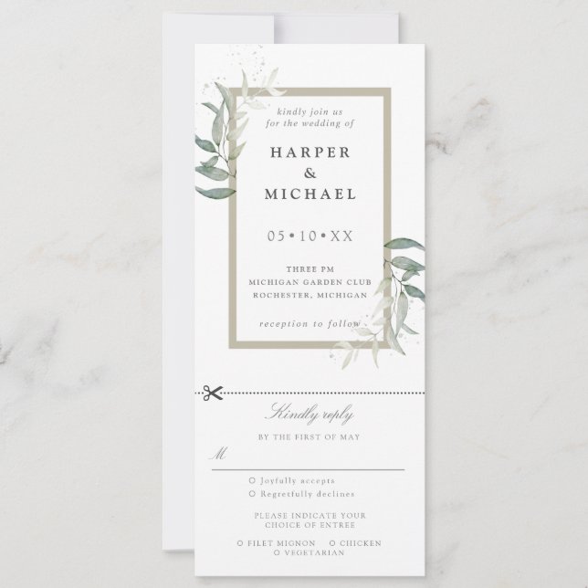 Sage feuille invitation de mariage avec rsvp attac (Devant)