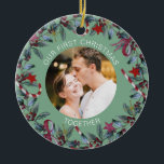 Sage First Christmas Together Personalized Photo Ceramic Ornament<br><div class="desc">Romantic ornament for a couple features beautiful Christmas wreath and a sage green background. Personalize the template with your photograph,  names or custom text. You can change the background colour if you like,  just click on "Edit using design tool".</div>