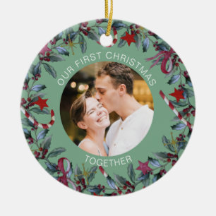 Sage First Christmas Together Personalized Photo Ceramic Ornament