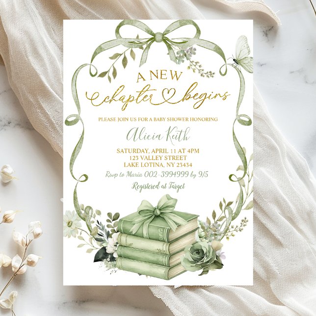 Sage Floral Bow Coquette New Chapter Begins Invitation (Creator Uploaded)