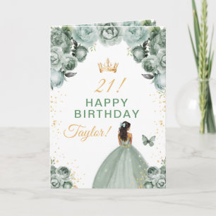 Sage Floral Dark Skin Girl Happy Birthday Card