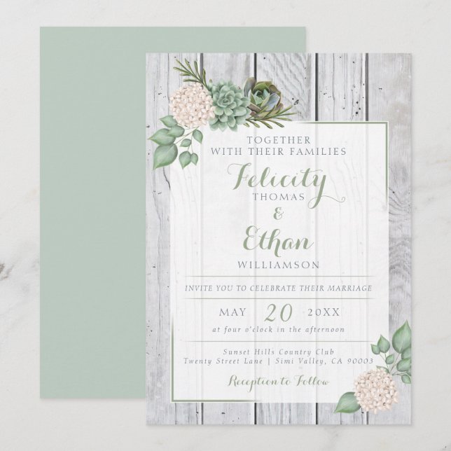 Sage Floral Flowers White Wood Wedding Invitation (Front/Back)