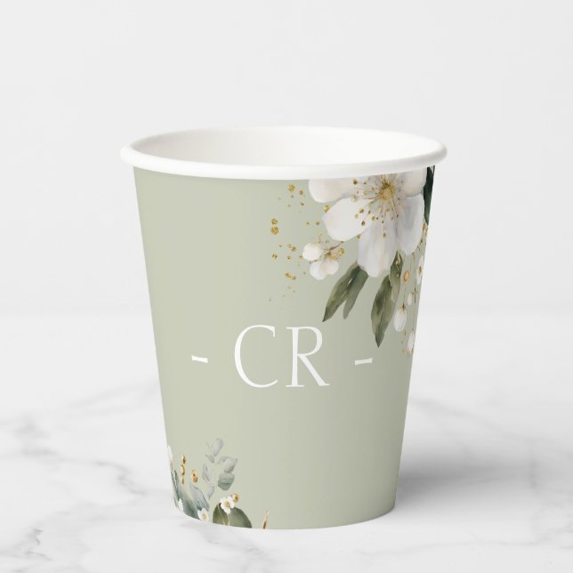Sage Floral & Foliage Watercolor Wedding Initials Paper Cups (Front)