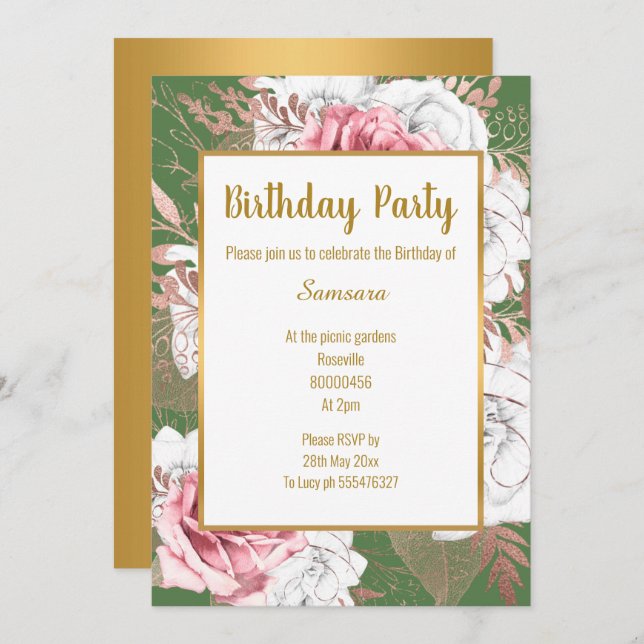 SAGE FLORAL ROSE GOLD BOUQUET BIRTHDAY INVITATION (Front/Back)