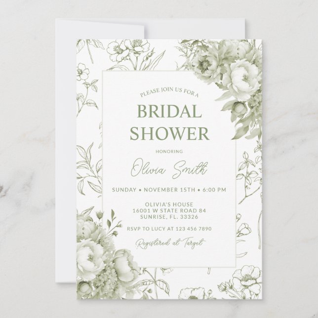 Sage Floral Vintage Chinoiserie Bridal Shower Invitation (Front)